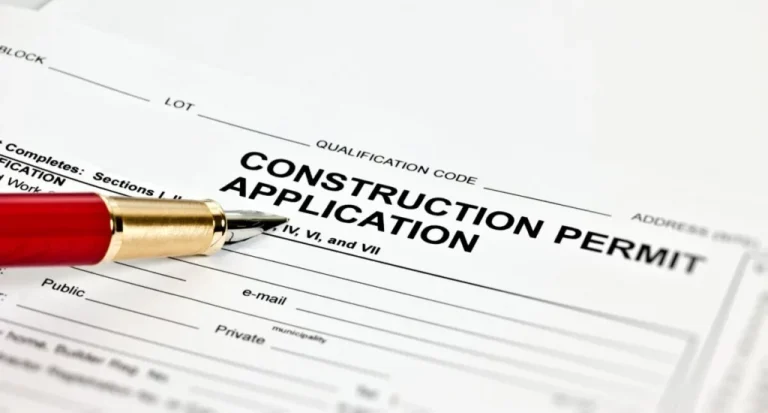 Construction permit application form with a pen