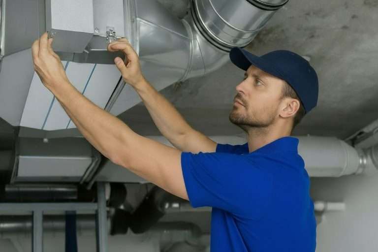 Technician inspecting ceiling ductwork during facility maintenance